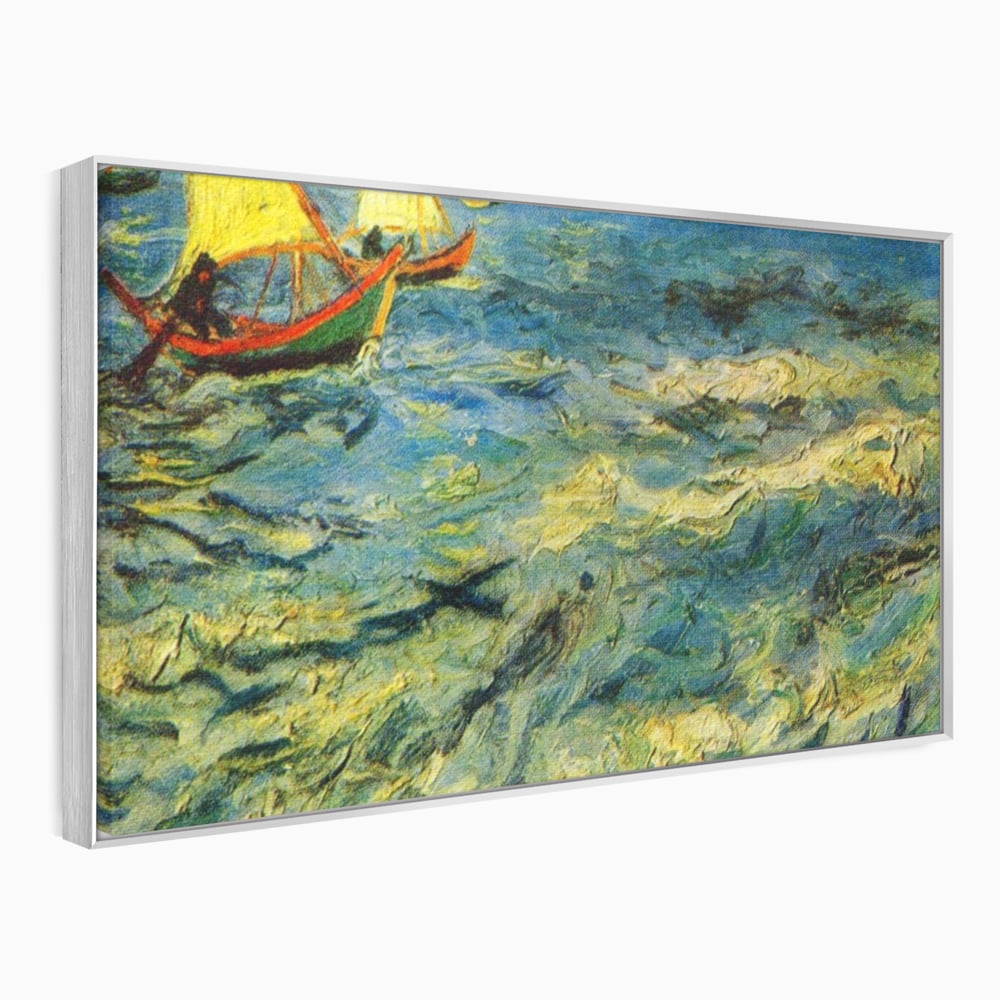 Tablou canvas cu reproducere pictura marina cu barci van gogh, in rama de aluminiu argintiu
