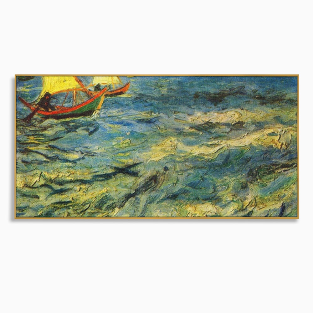 Tablou canvas cu reproducere pictura marina cu barci van gogh, in rama de aluminiu auriu