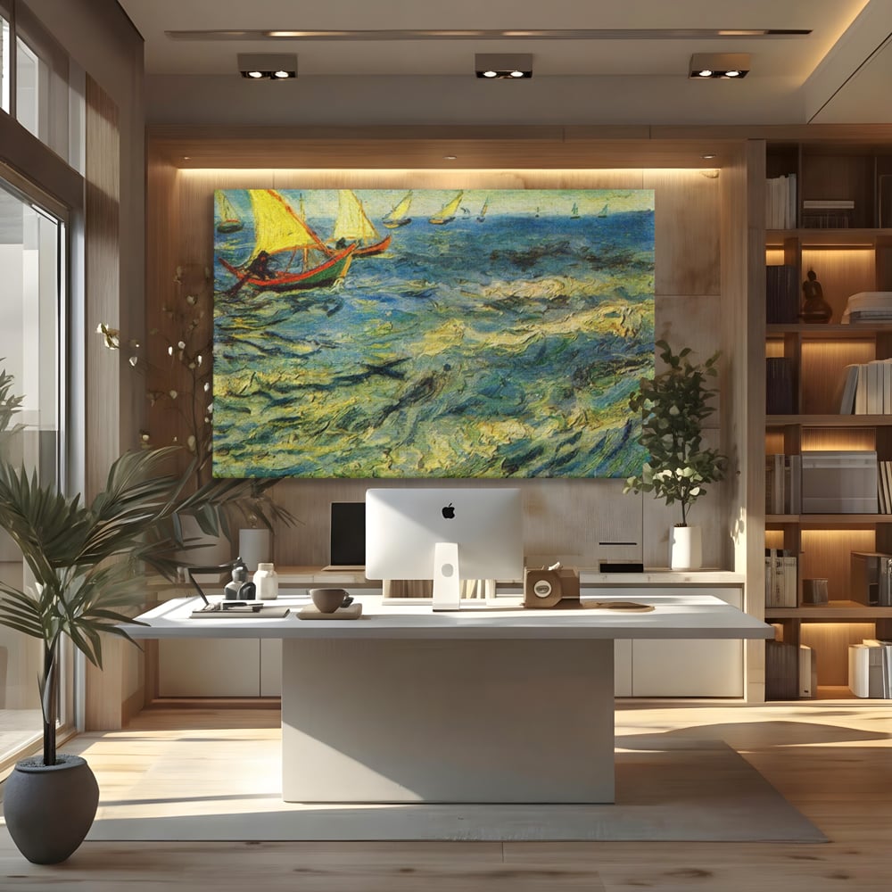 Tablou canvas cu reproducere pictura marina cu barci van gogh, fara rama, pe sasiu de lemn, pe perete intr-un birou