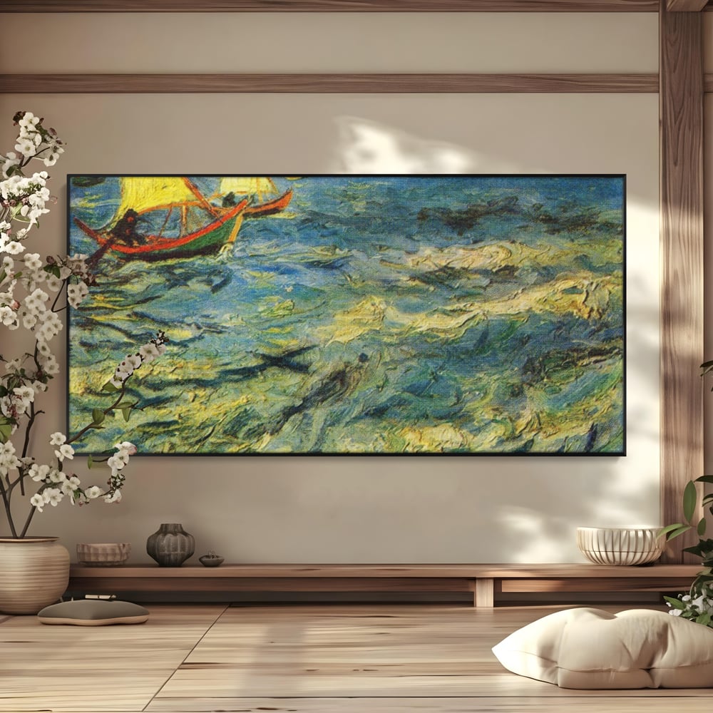 Tablou canvas cu reproducere pictura marina cu barci van gogh, in rama de aluminiu negru