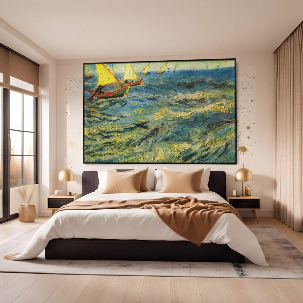 Tablou canvas cu reproducere pictura marina cu barci van gogh, in rama de aluminiu negru, pe perete intr-un dormitor