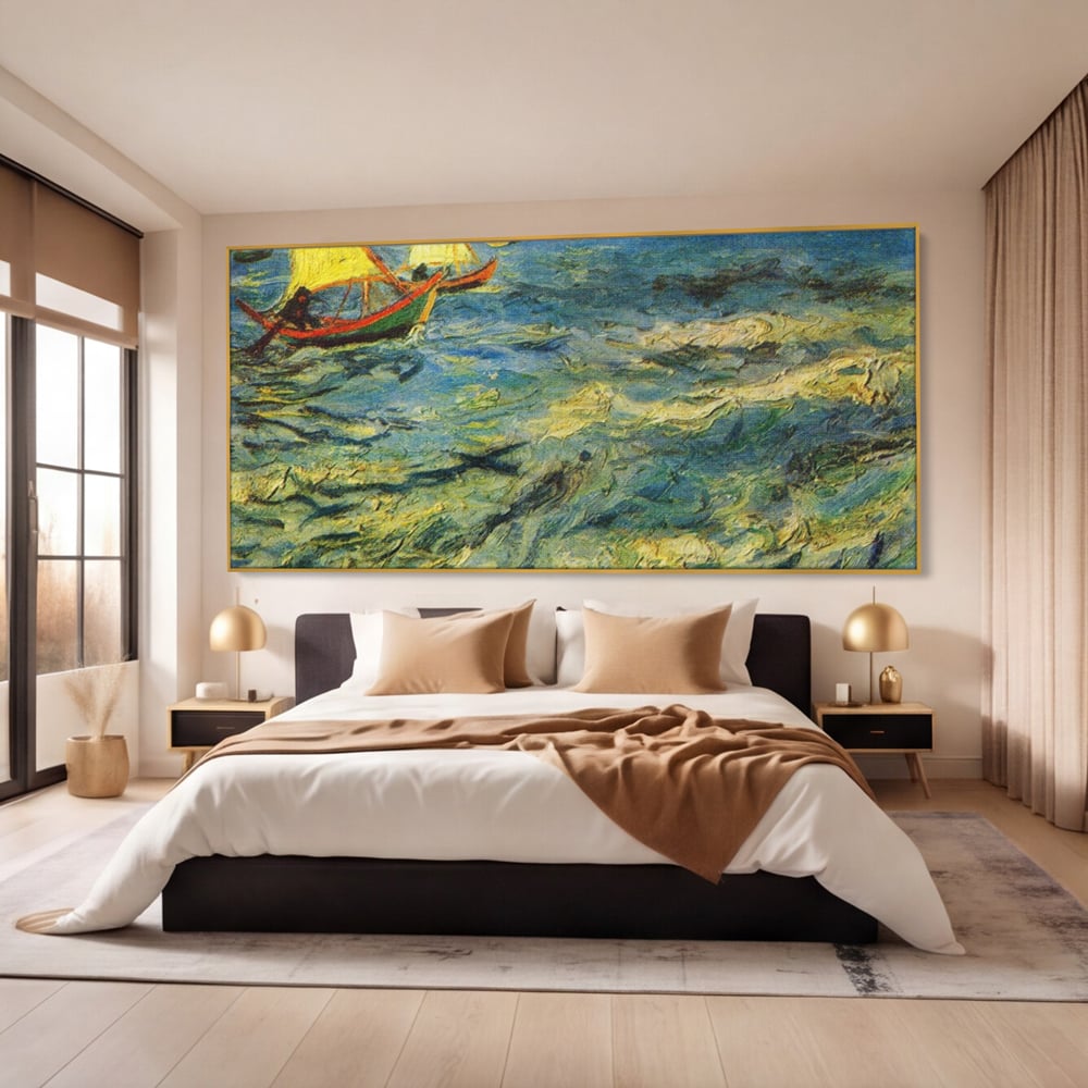 Tablou canvas cu reproducere pictura marina cu barci van gogh, in rama de aluminiu auriu, pe perete intr-un dormitor