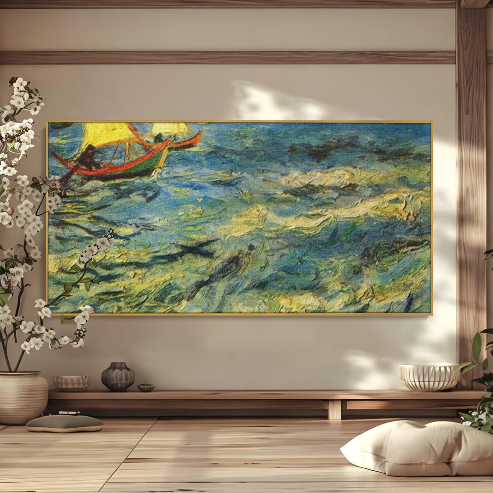 Tablou canvas cu reproducere pictura marina cu barci van gogh, in rama de aluminiu auriu