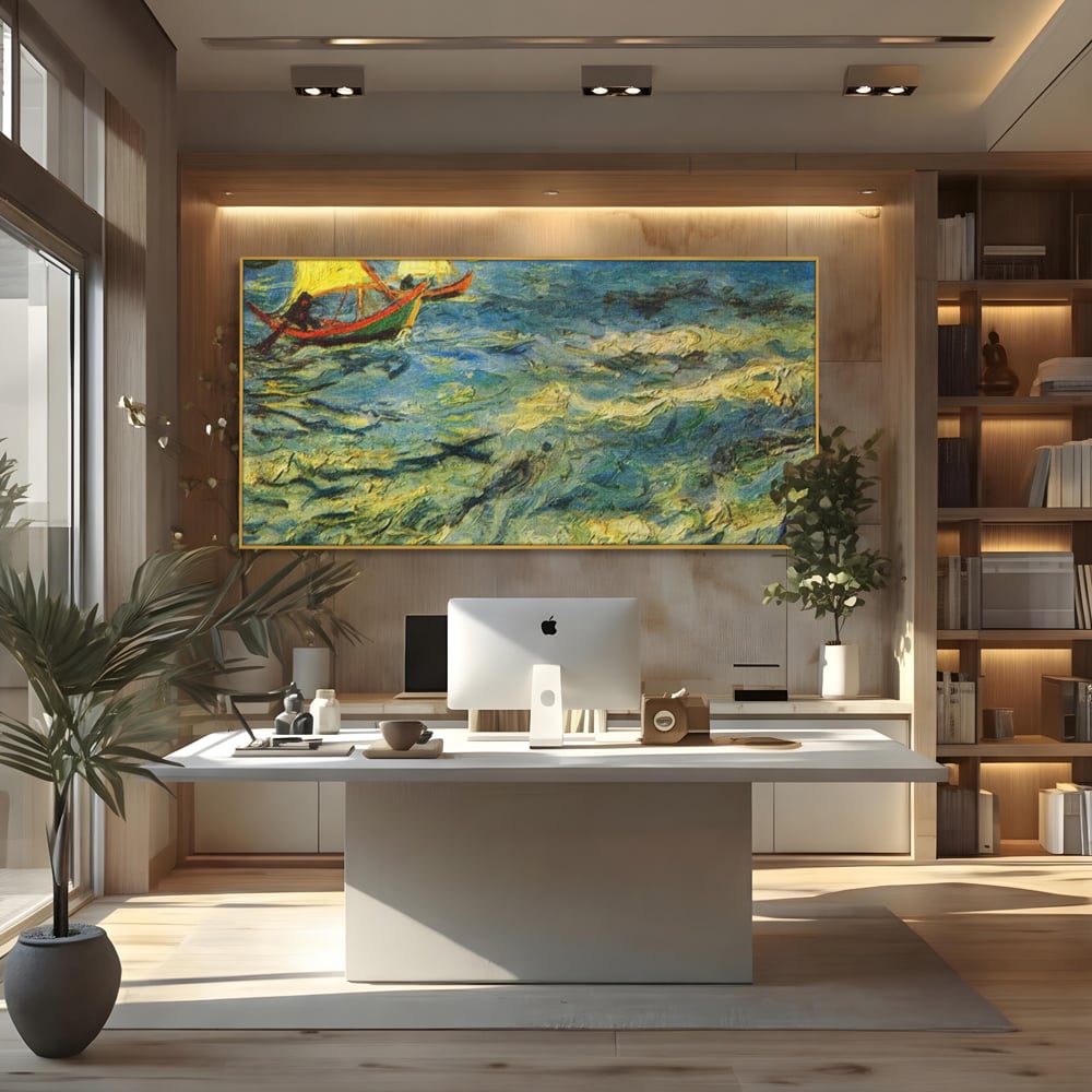 Tablou canvas cu reproducere pictura marina cu barci van gogh, in rama de aluminiu auriu, pe perete intr-un birou