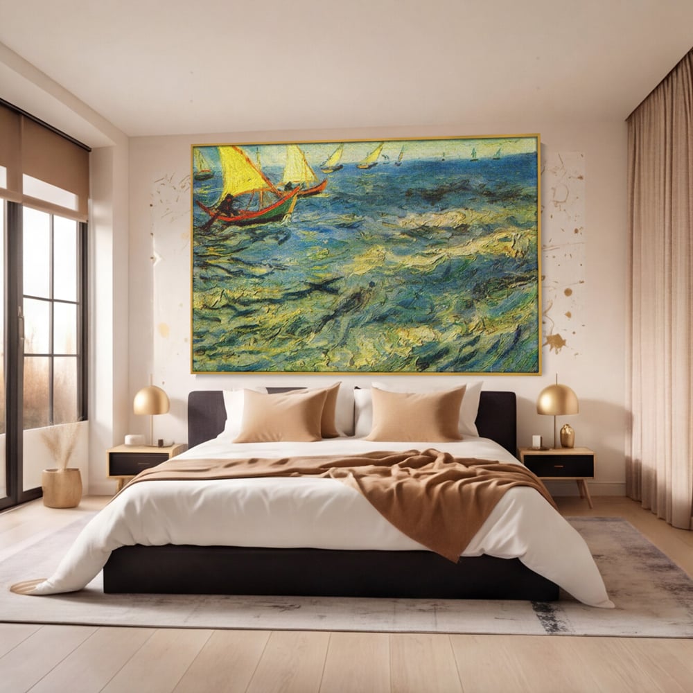 Tablou canvas cu reproducere pictura marina cu barci van gogh, in rama de aluminiu auriu, pe perete intr-un dormitor
