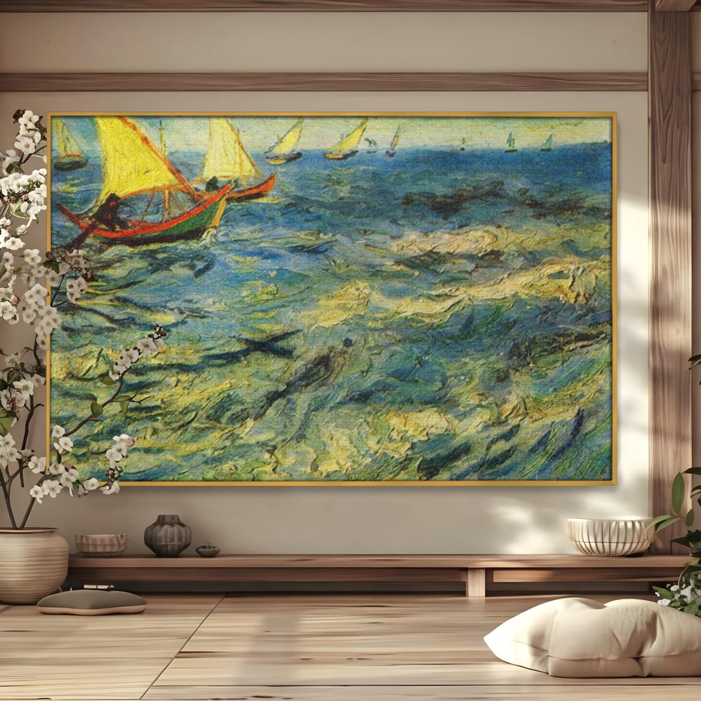 Tablou canvas cu reproducere pictura marina cu barci van gogh, in rama de aluminiu auriu