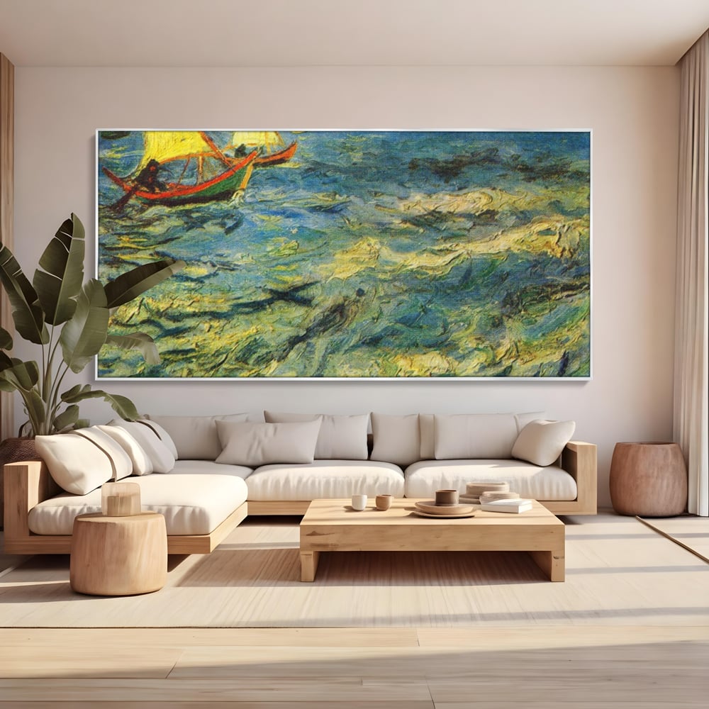 Tablou canvas cu reproducere pictura marina cu barci van gogh, in rama de aluminiu argintiu, pe perete intr-un living