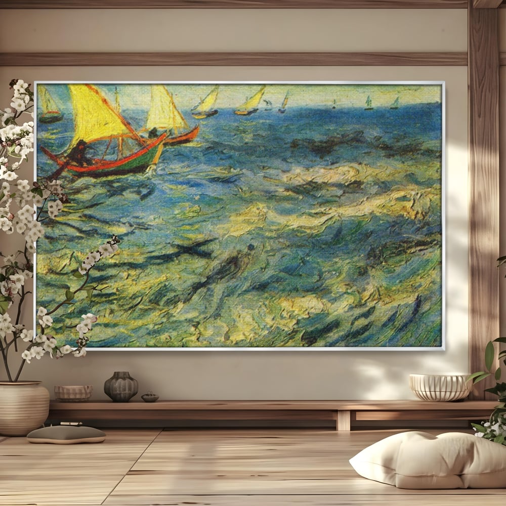 Tablou canvas cu reproducere pictura marina cu barci van gogh, in rama de aluminiu argintiu