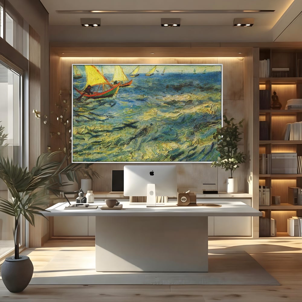 Tablou canvas cu reproducere pictura marina cu barci van gogh, in rama de aluminiu argintiu, pe perete intr-un birou