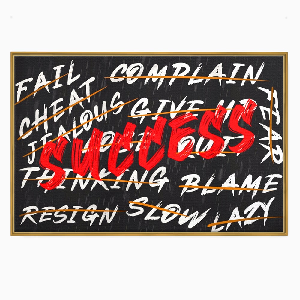 Tablou canvas cu tablou motivational negru cu text rosu, in rama de aluminiu auriu