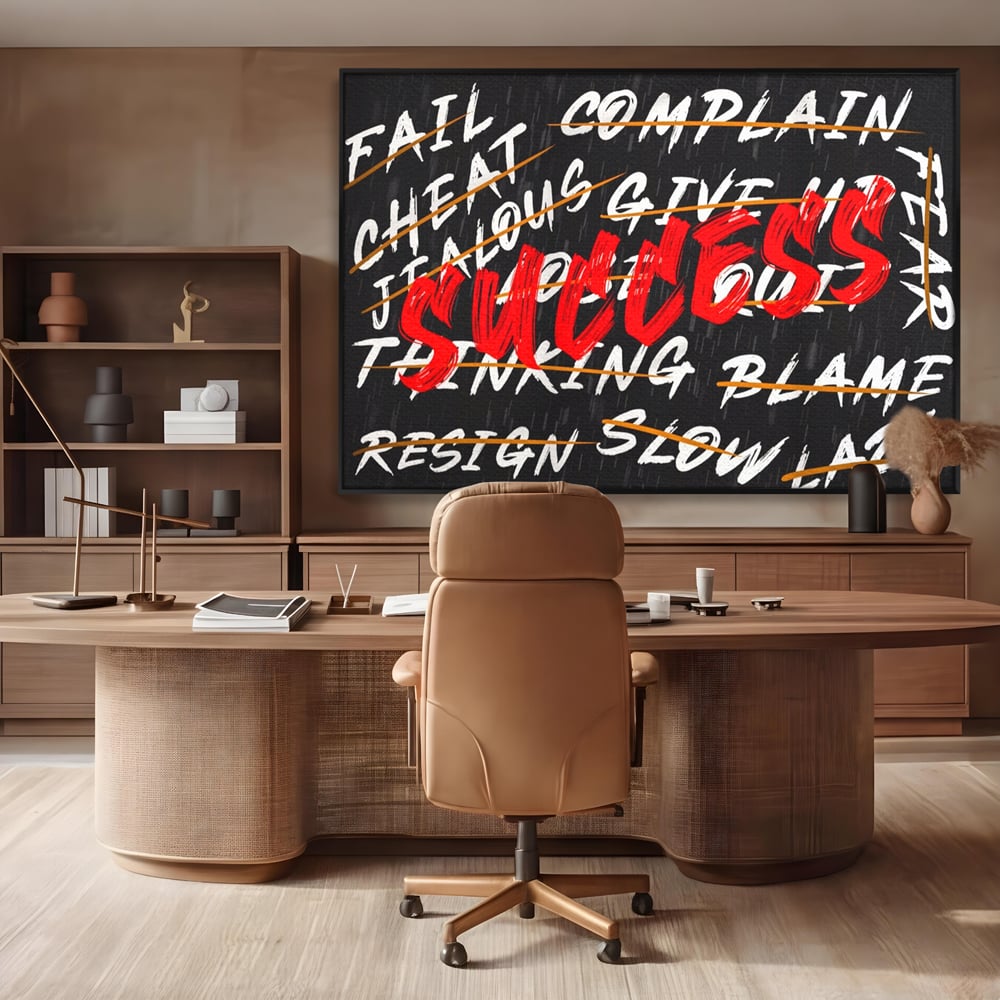 Tablou canvas cu tablou motivational negru cu text rosu, in rama de aluminiu negru, pe perete intr-un birou