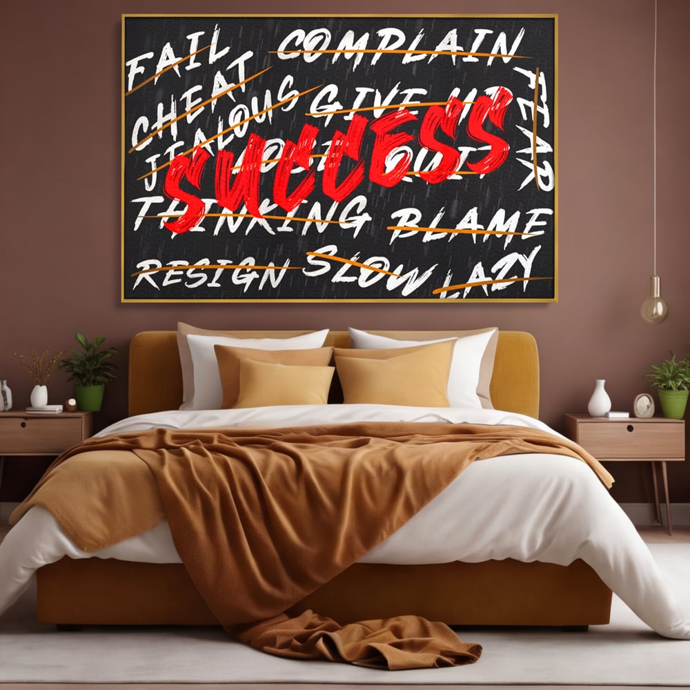 Tablou canvas cu tablou motivational negru cu text rosu, in rama de aluminiu auriu, pe perete intr-un dormitor