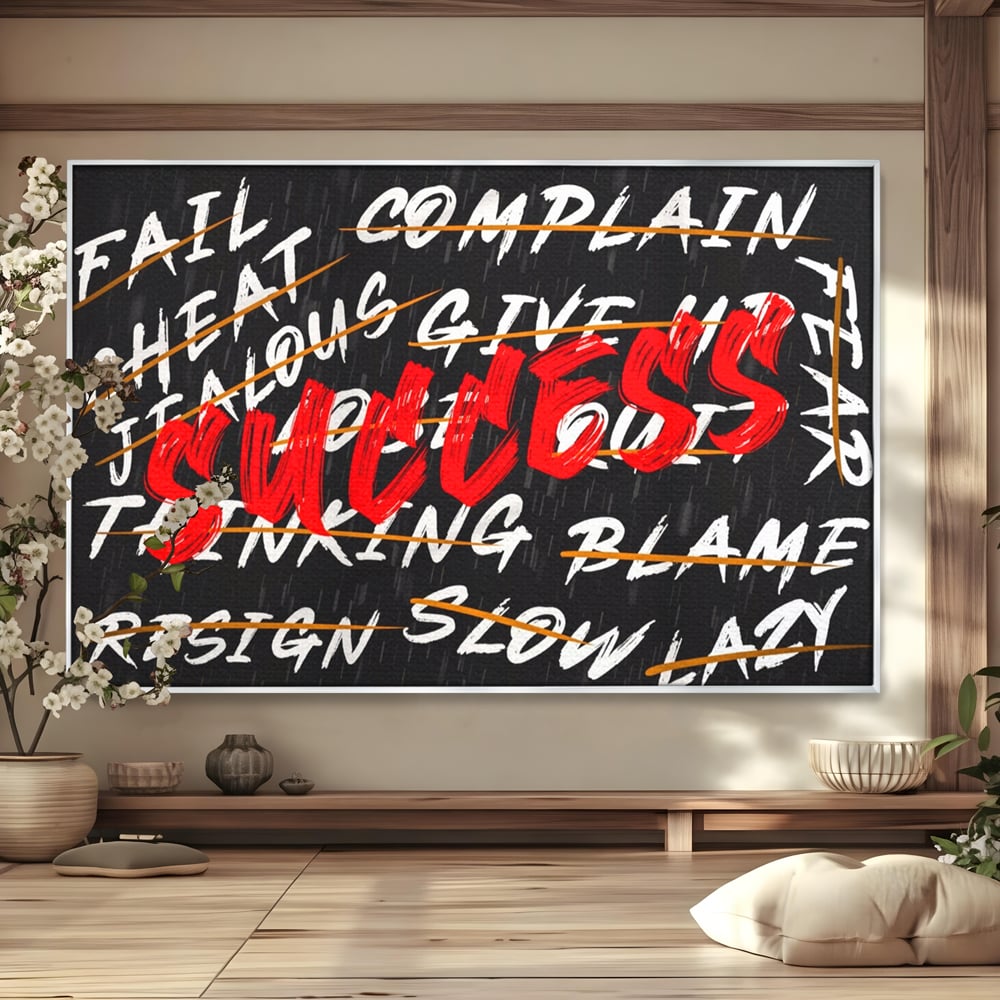 Tablou canvas cu tablou motivational negru cu text rosu, in rama de aluminiu argintiu