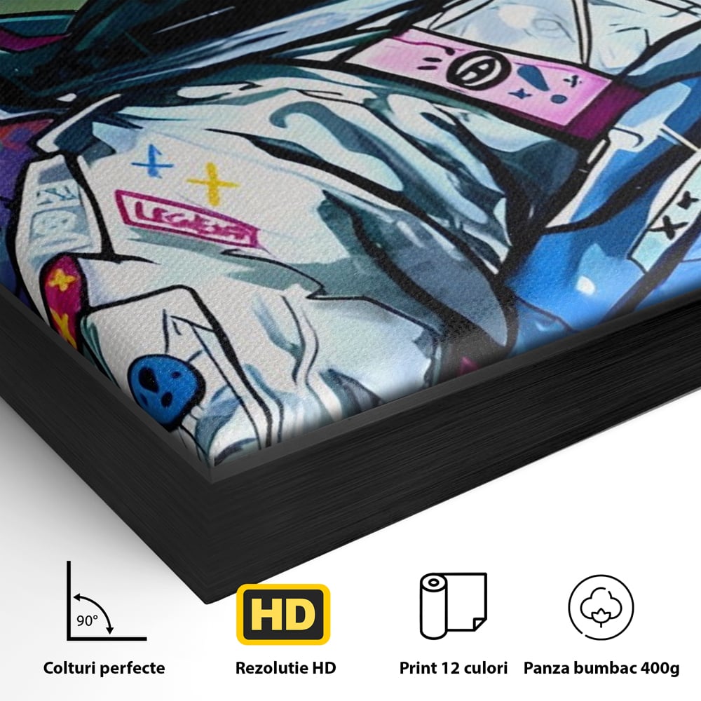 Detaliu al suprafetei: tablou canvas cu astronaut graffiti, in rama de aluminiu negru