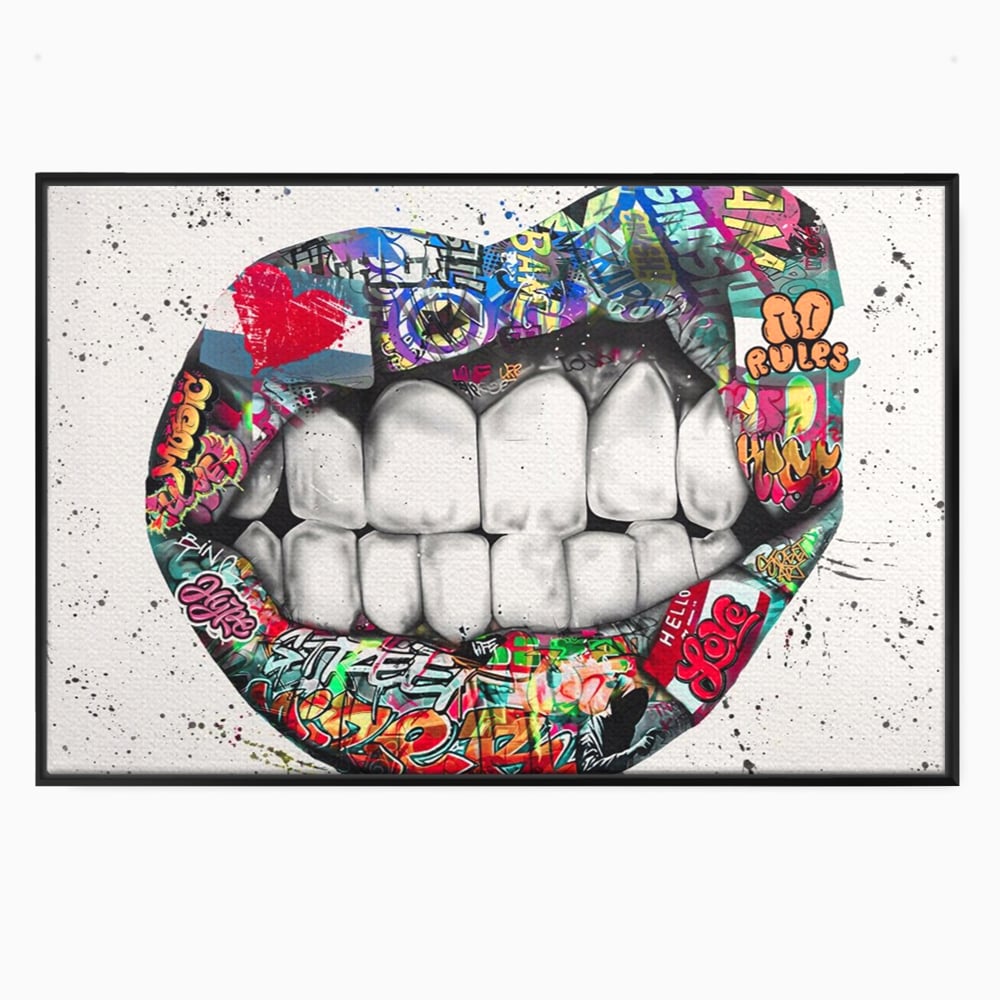 Tablou canvas cu tablou canvas cu buze graffiti, in rama de aluminiu negru