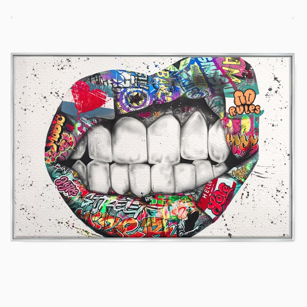 Tablou canvas cu tablou canvas cu buze graffiti, in rama de aluminiu argintiu