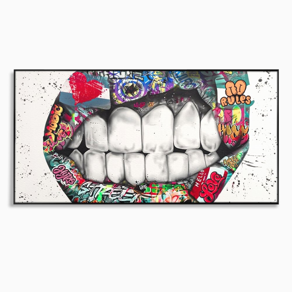Tablou canvas cu tablou canvas cu buze graffiti, in rama de aluminiu negru