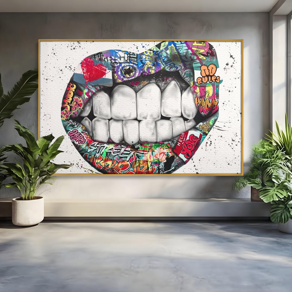 Tablou canvas cu tablou canvas cu buze graffiti, in rama de aluminiu auriu