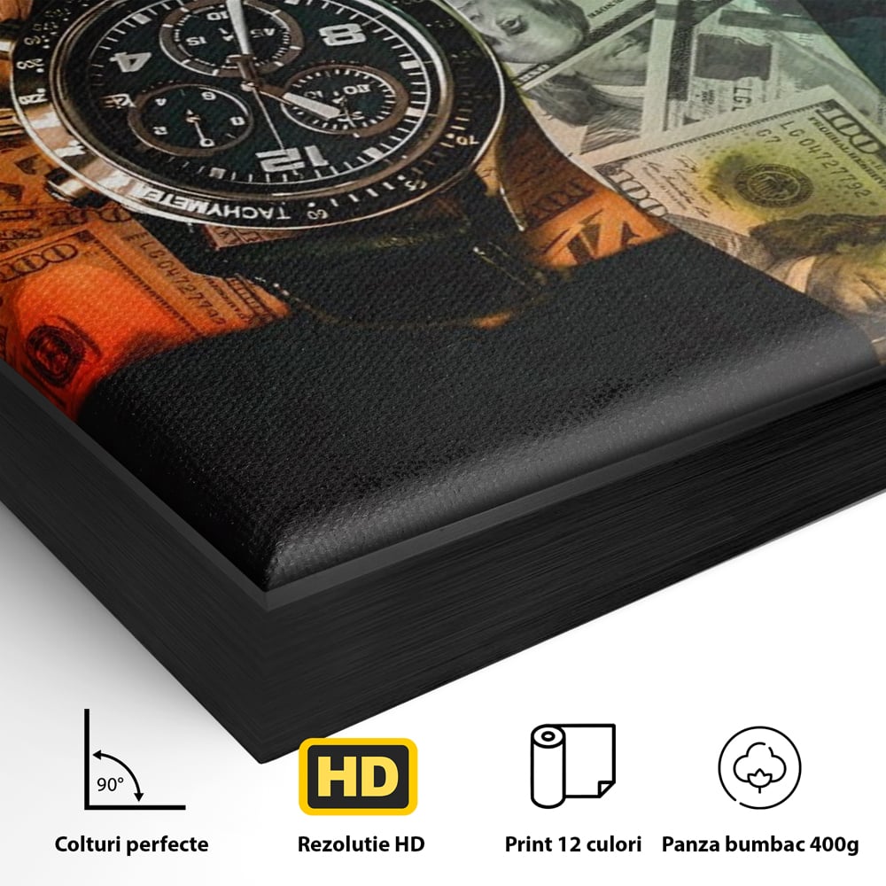 Detaliu al suprafetei: tablou motivational cu ceas si bancnote, in rama de aluminiu negru