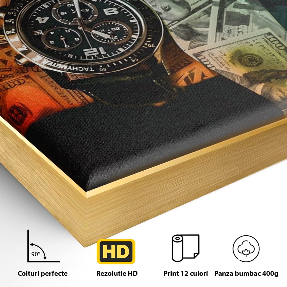 Detaliu al suprafetei: tablou motivational cu ceas si bancnote, in rama de aluminiu auriu