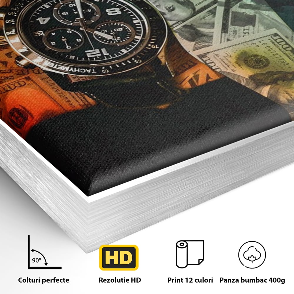 Detaliu al suprafetei: tablou motivational cu ceas si bancnote, in rama de aluminiu argintiu