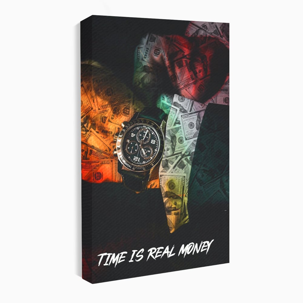 Tablou canvas cu tablou motivational cu ceas si bancnote, fara rama, pe sasiu de lemn