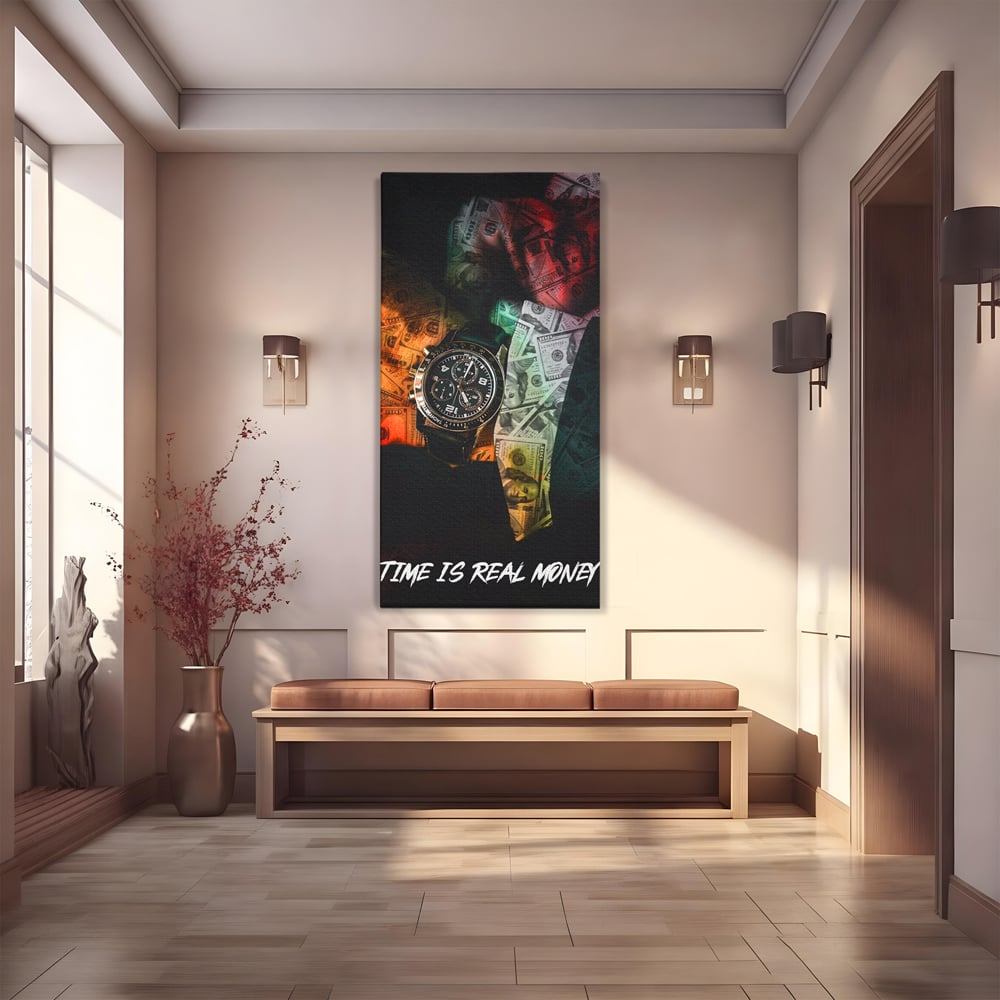Tablou canvas cu tablou motivational cu ceas si bancnote, fara rama, pe sasiu de lemn