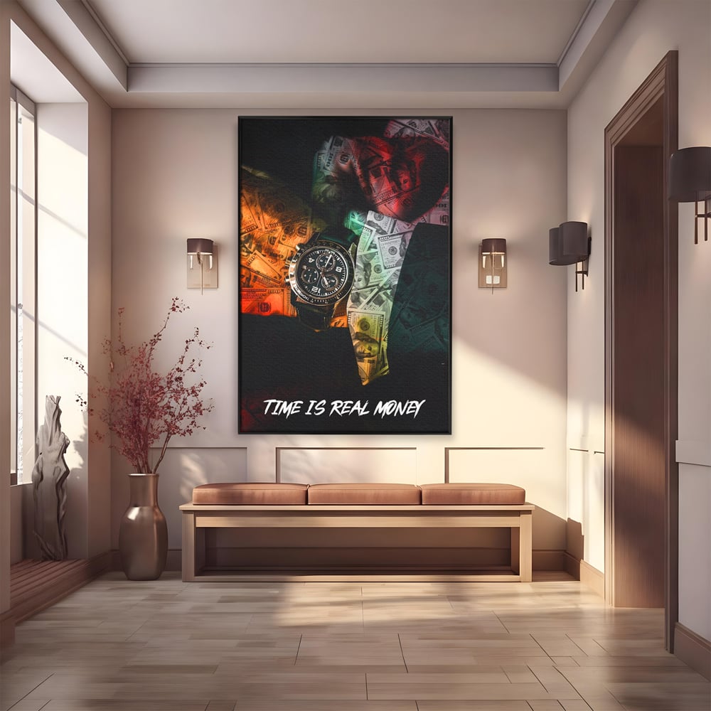 Tablou canvas cu tablou motivational cu ceas si bancnote, in rama de aluminiu negru
