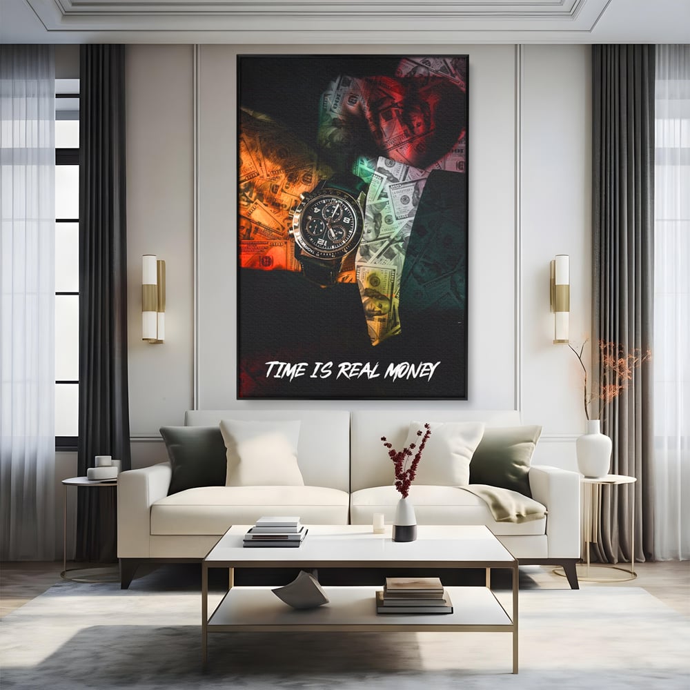 Tablou canvas cu tablou motivational cu ceas si bancnote, in rama de aluminiu negru, pe perete intr-un living