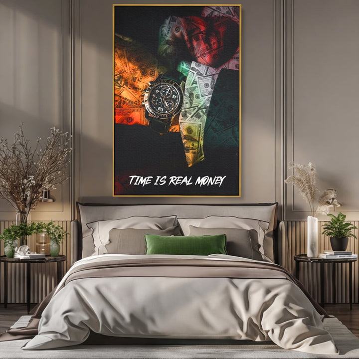 Tablou canvas cu tablou motivational cu ceas si bancnote, in rama de aluminiu auriu, pe perete intr-un dormitor