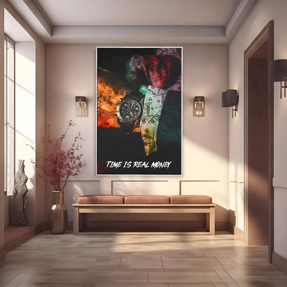 Tablou canvas cu tablou motivational cu ceas si bancnote, in rama de aluminiu argintiu