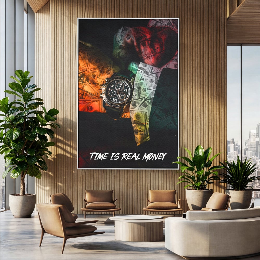 Tablou canvas cu tablou motivational cu ceas si bancnote, in rama de aluminiu argintiu, pe perete intr-un birou
