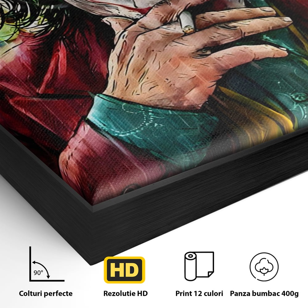 Detaliu al suprafetei: tablou canvas cu jokerul fumand in ploaie, in rama de aluminiu negru