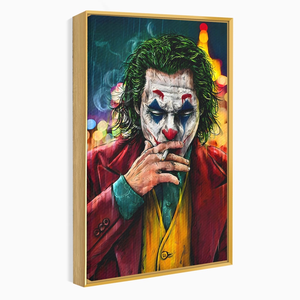 Tablou canvas cu tablou canvas cu jokerul fumand in ploaie, in rama de aluminiu auriu