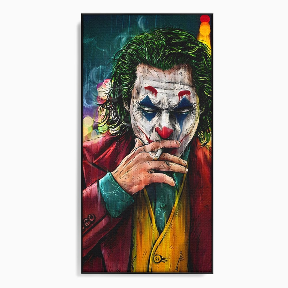 Tablou canvas cu tablou canvas cu jokerul fumand in ploaie, in rama de aluminiu negru