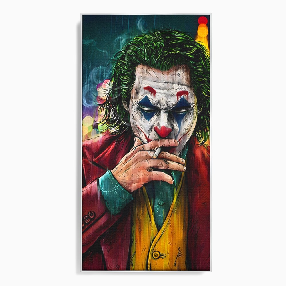 Tablou canvas cu tablou canvas cu jokerul fumand in ploaie, in rama de aluminiu argintiu
