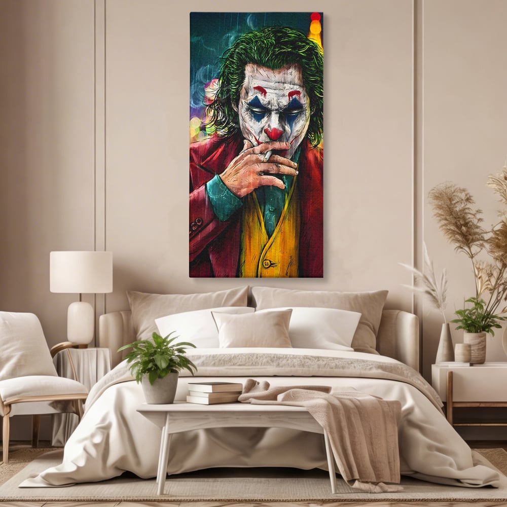 Tablou canvas cu tablou canvas cu jokerul fumand in ploaie, fara rama, pe sasiu de lemn, pe perete intr-un dormitor