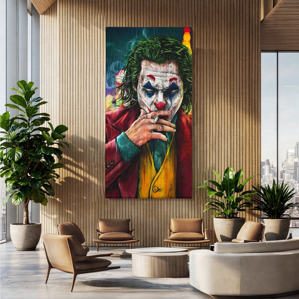 Tablou canvas cu tablou canvas cu jokerul fumand in ploaie, fara rama, pe sasiu de lemn, pe perete intr-un birou