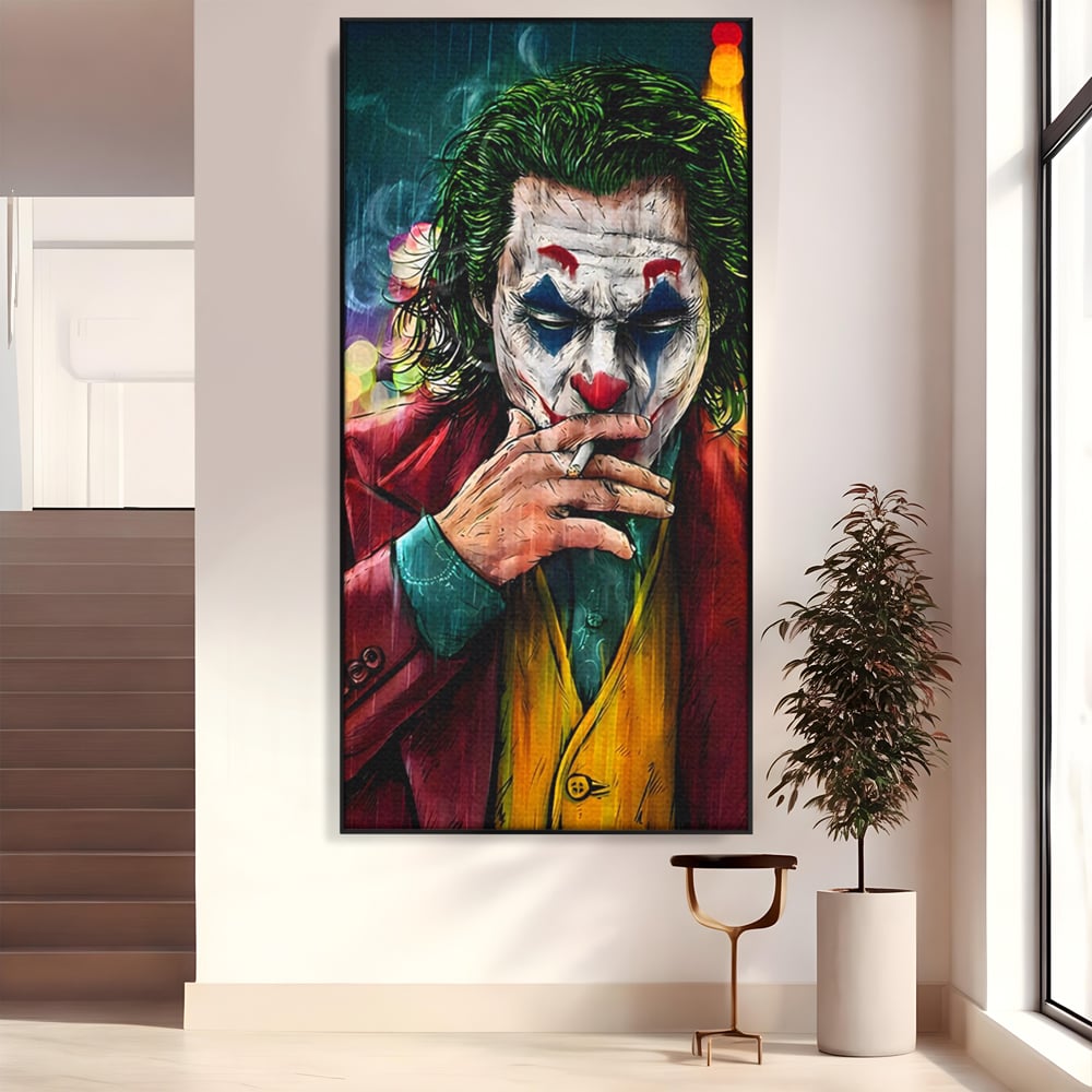 Tablou canvas cu tablou canvas cu jokerul fumand in ploaie, in rama de aluminiu negru