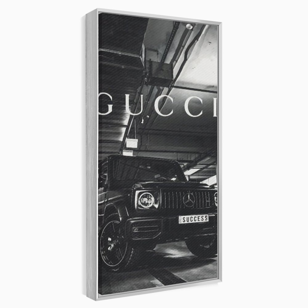 Tablou canvas cu tablou canvas cu masina si text, in rama de aluminiu argintiu