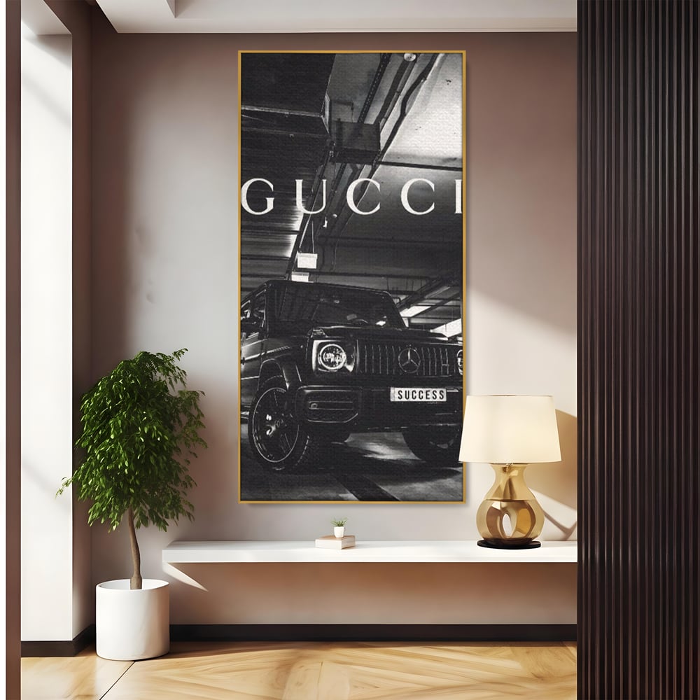 Tablou canvas cu tablou canvas cu masina si text, in rama de aluminiu auriu