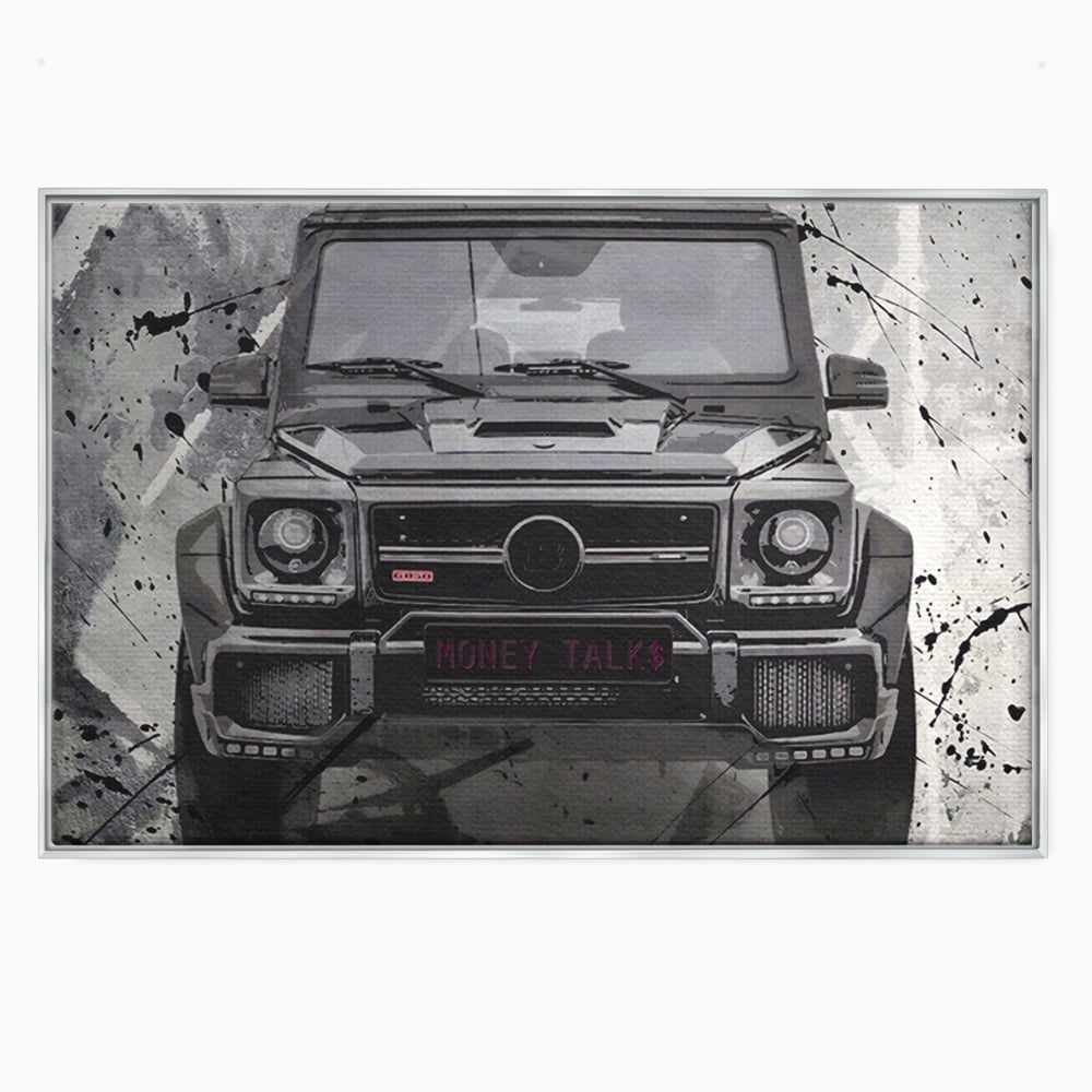 Tablou canvas cu tablou canvas cu masina mercedes neagra, in rama de aluminiu argintiu