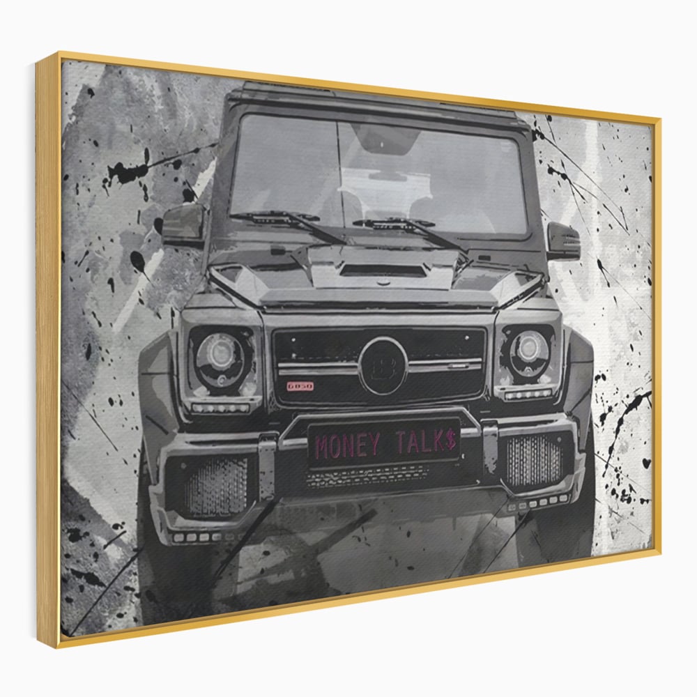 Tablou canvas cu tablou canvas cu masina mercedes neagra, in rama de aluminiu auriu