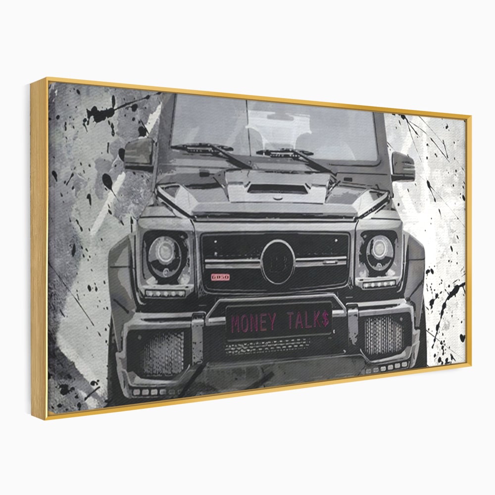 Tablou canvas cu tablou canvas cu masina mercedes neagra, in rama de aluminiu auriu