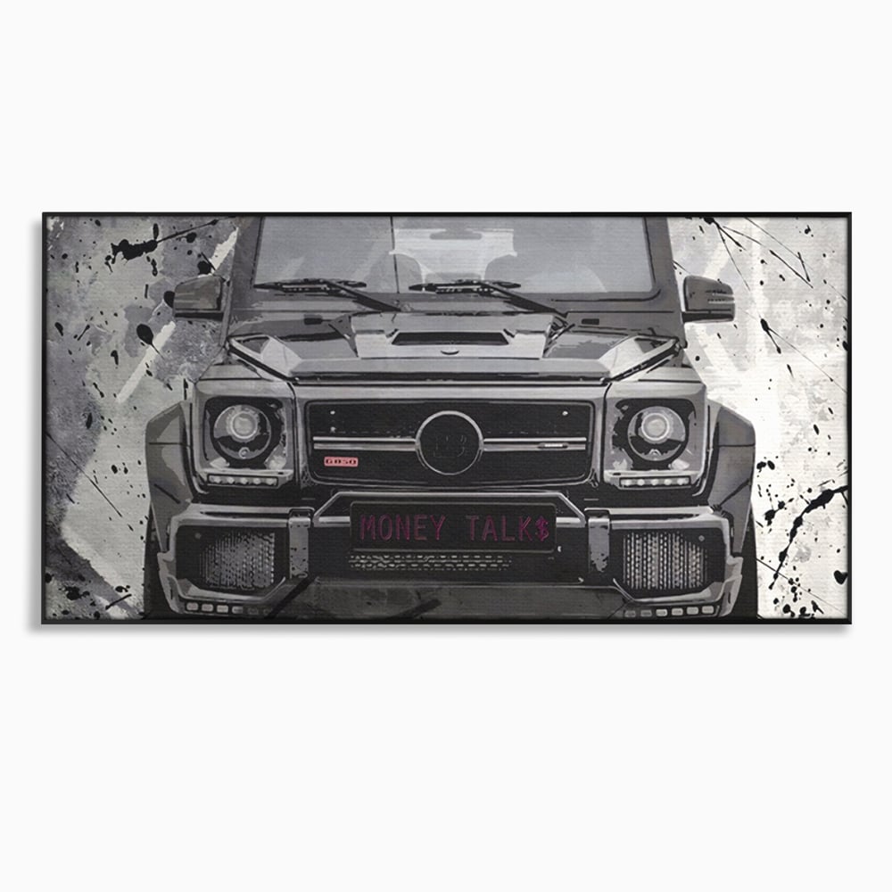 Tablou canvas cu tablou canvas cu masina mercedes neagra, in rama de aluminiu negru