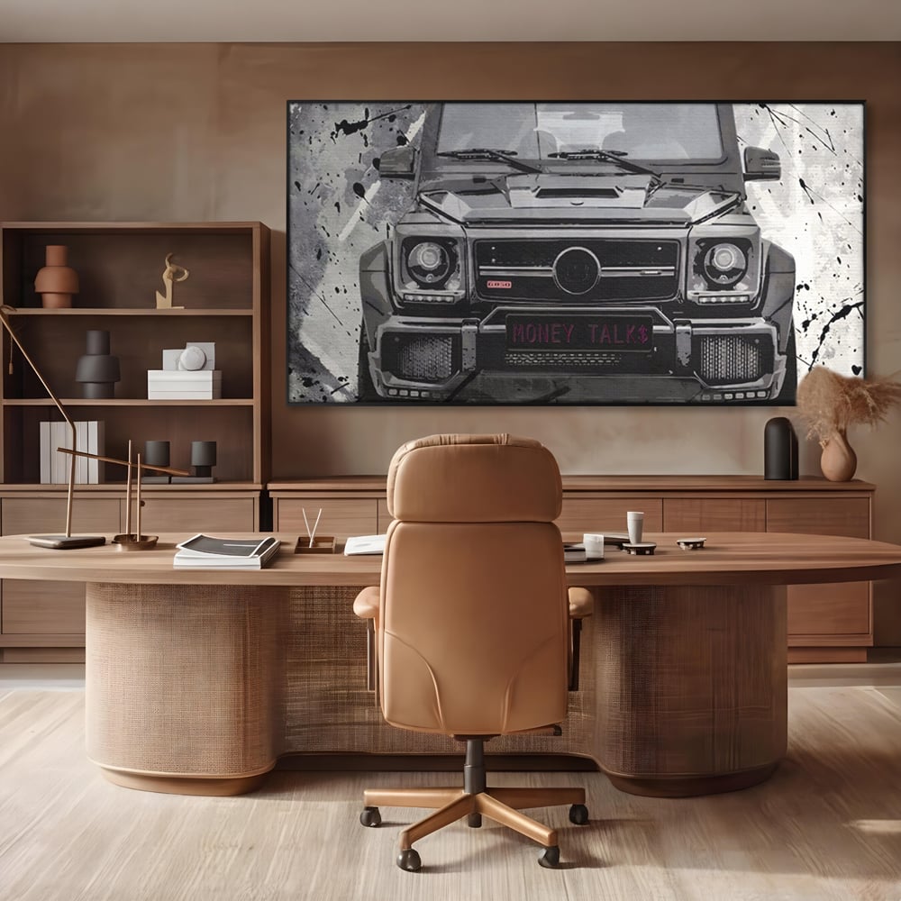 Tablou canvas cu tablou canvas cu masina mercedes neagra, in rama de aluminiu negru, pe perete intr-un birou