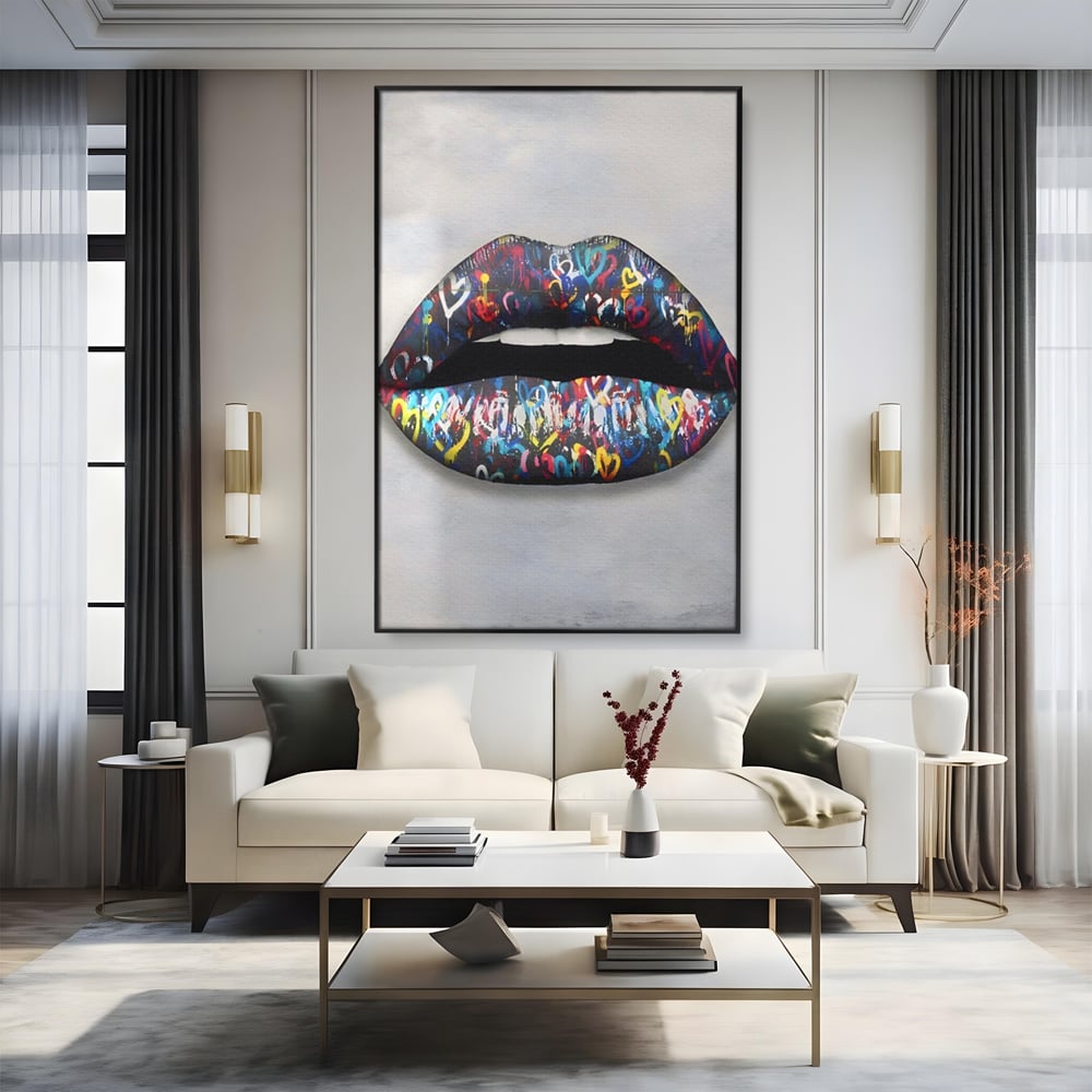 Tablou canvas cu tablou canvas cu buze negre, in rama de aluminiu negru, pe perete intr-un living