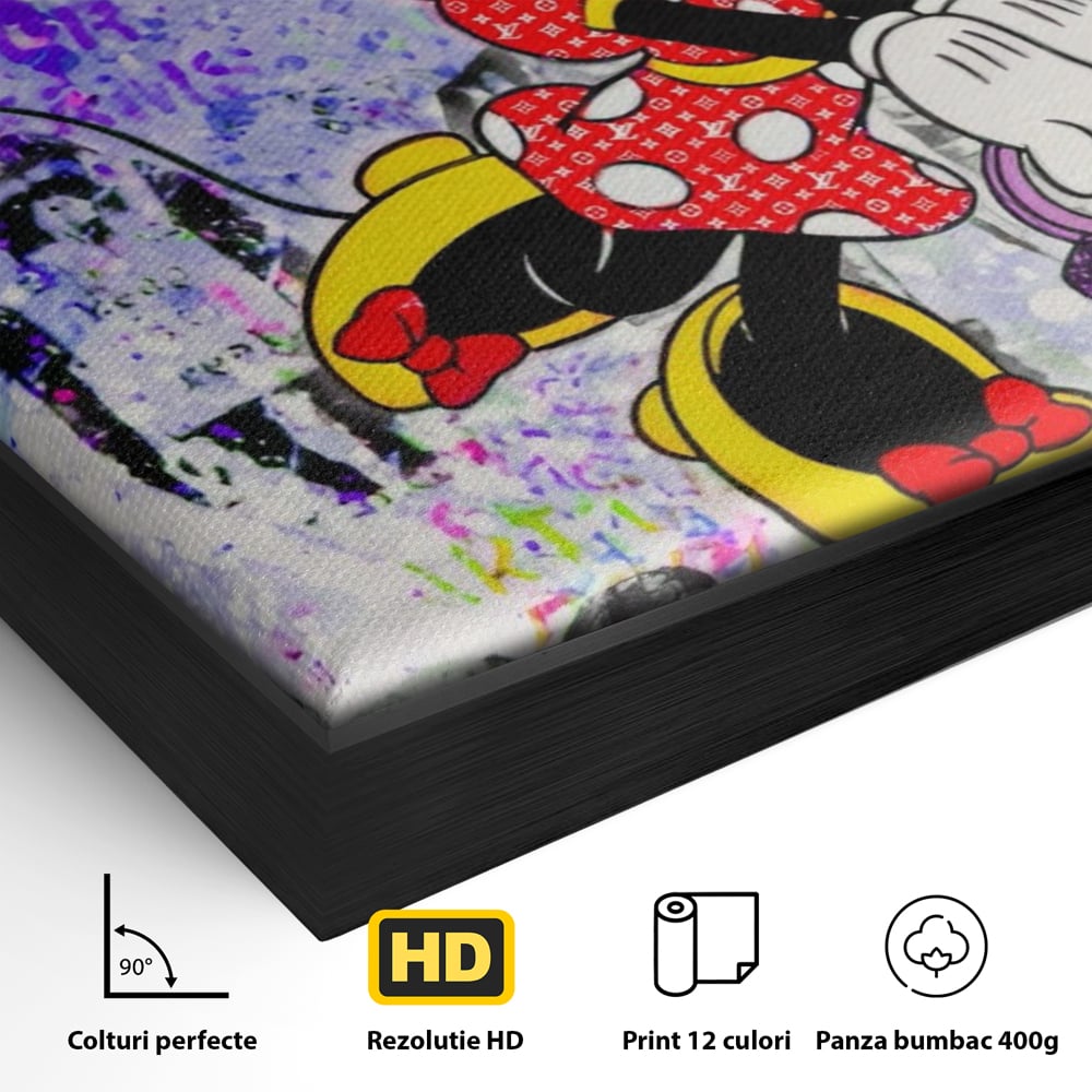 Detaliu al suprafetei: tablou canvas cu minnie mouse stil pop art, in rama de aluminiu negru