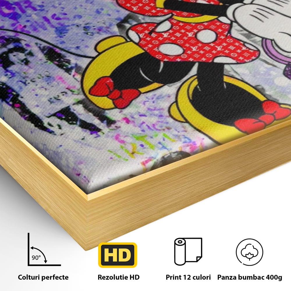 Detaliu al suprafetei: tablou canvas cu minnie mouse stil pop art, in rama de aluminiu auriu