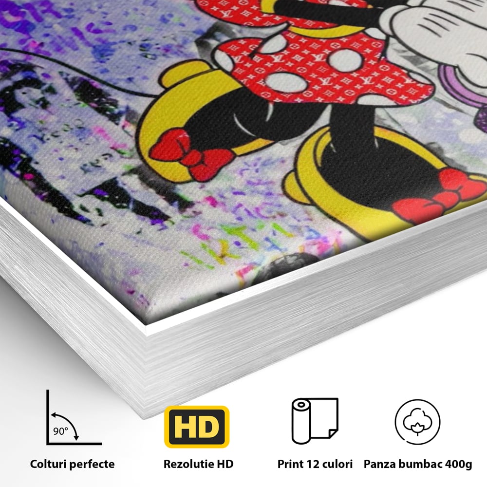 Detaliu al suprafetei: tablou canvas cu minnie mouse stil pop art, in rama de aluminiu argintiu